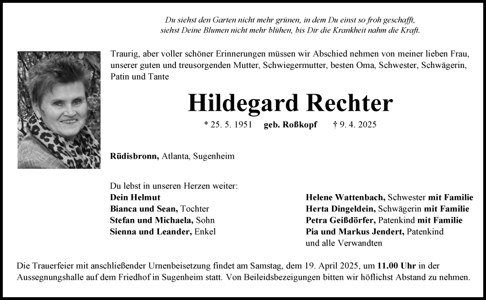  Traueranzeige für Hildegard Rechter vom 17.04.2025 aus Neustadt/ Scheinfeld/ Uffenheim