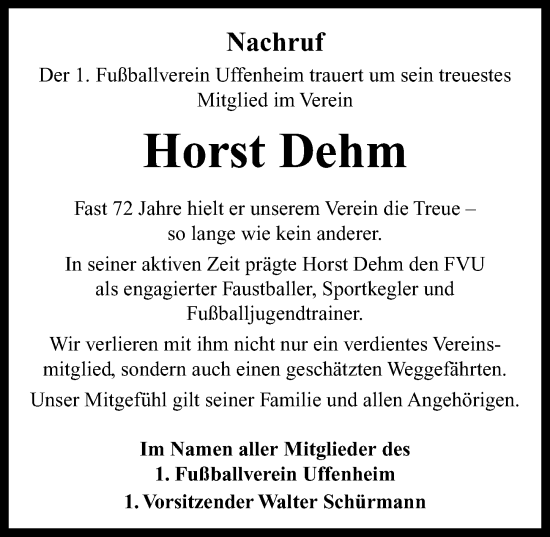 Traueranzeige von Horst Dehm von Neustadt/ Scheinfeld/ Uffenheim