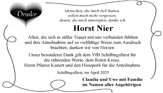 Traueranzeige von Horst Nier von Rothenburg