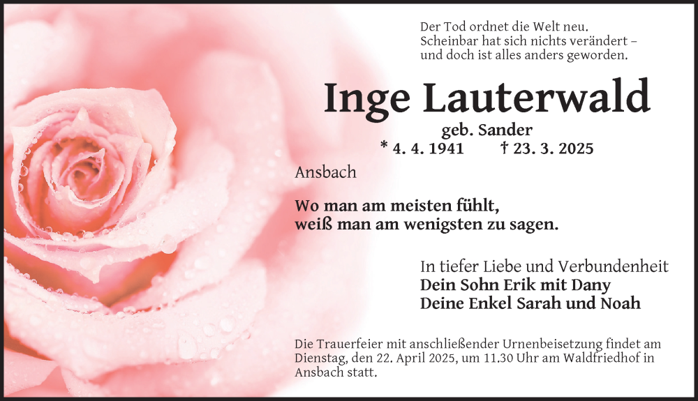  Traueranzeige für Inge Lauterwald vom 17.04.2025 aus Ansbach