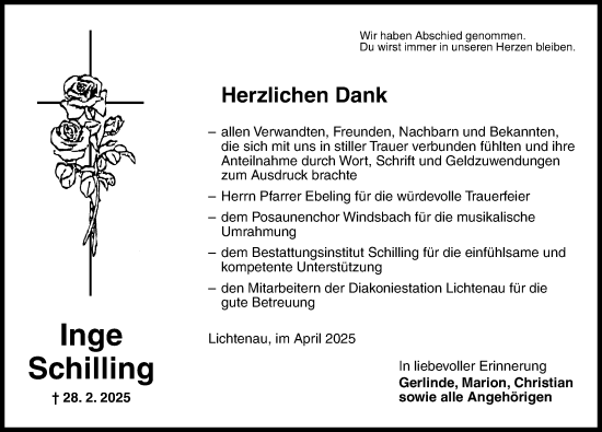 Traueranzeige von Inge Schilling von Ansbach