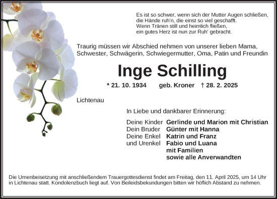 Traueranzeige von Inge Schilling von Ansbach