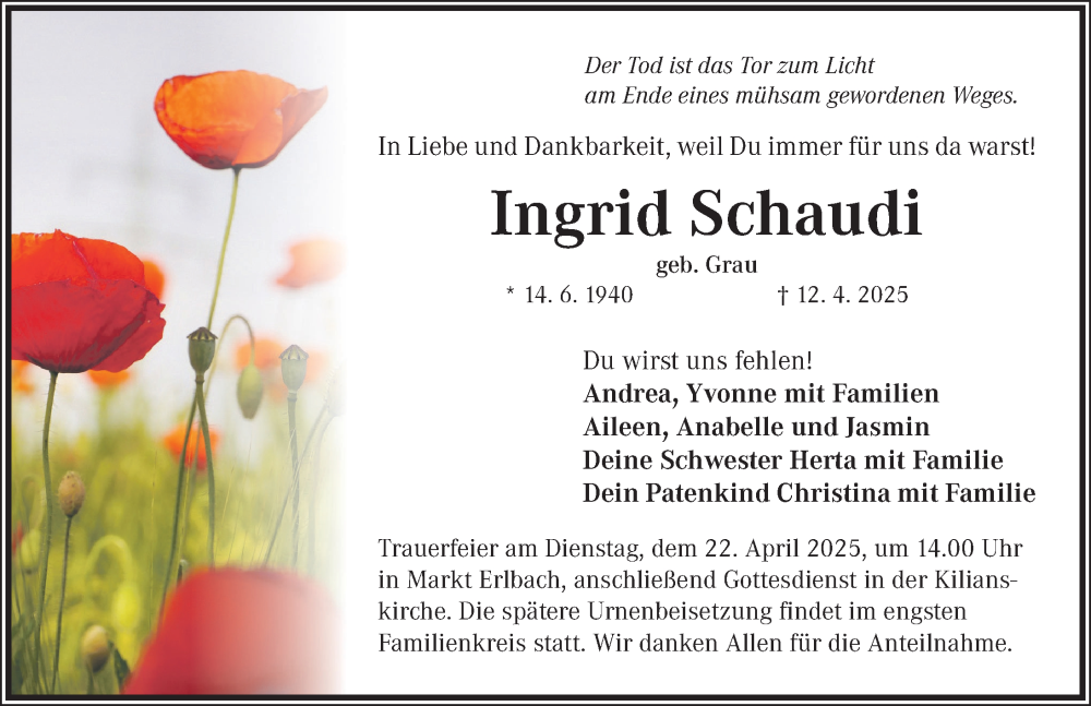  Traueranzeige für Ingrid Schaudi vom 17.04.2025 aus Neustadt/ Scheinfeld/ Uffenheim