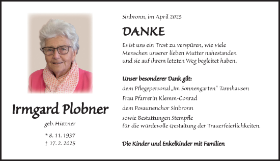 Traueranzeige von Irmgard Plobner von Dinkelsbühl/ Feuchtwangen
