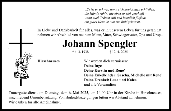 Traueranzeige von Johann Spengler von Neustadt/ Scheinfeld/ Uffenheim