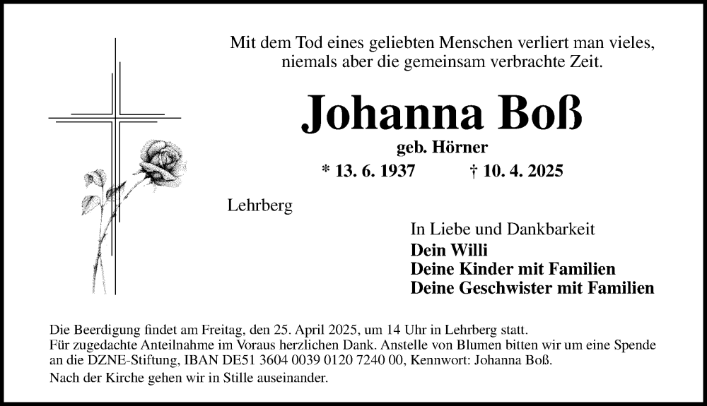  Traueranzeige für Johanna Boß vom 22.04.2025 aus Ansbach