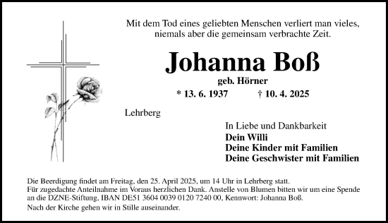Traueranzeige von Johanna Boß von Ansbach