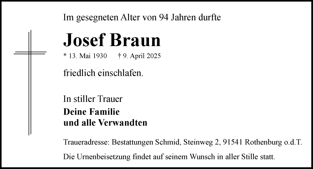  Traueranzeige für Josef Braun vom 19.04.2025 aus Rothenburg