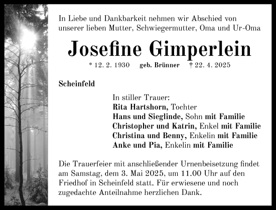 Traueranzeige von Josefine Gimperlein von Neustadt/ Scheinfeld/ Uffenheim