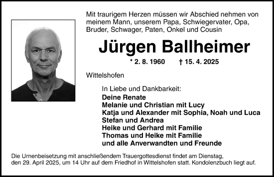 Traueranzeige von Jürgen Ballheimer von Dinkelsbühl/ Feuchtwangen