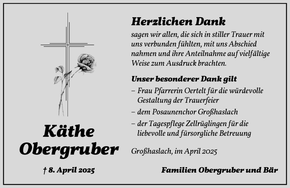  Traueranzeige für Käthe Obergruber vom 26.04.2025 aus Ansbach