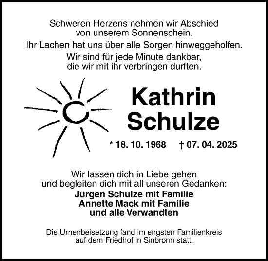 Traueranzeige von Kathrin Schulze von Dinkelsbühl/ Feuchtwangen