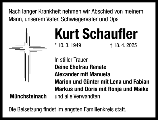 Traueranzeige von Kurt Schaufler von Neustadt/ Scheinfeld/ Uffenheim