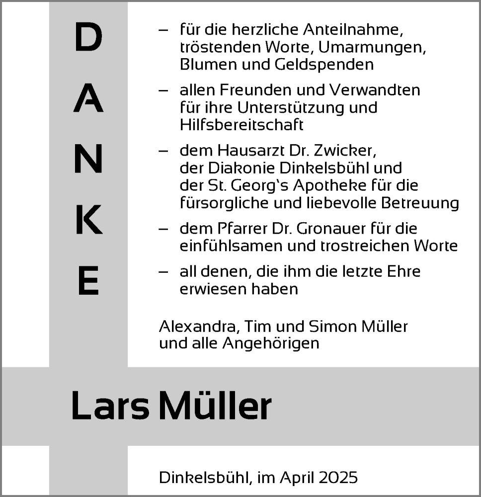  Traueranzeige für Lars Müller vom 16.04.2025 aus Dinkelsbühl/ Feuchtwangen