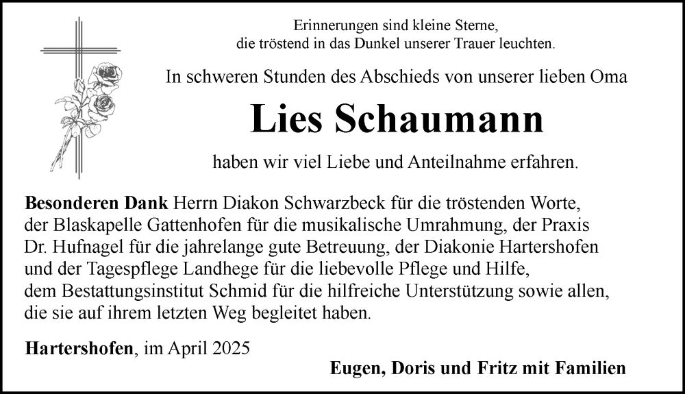  Traueranzeige für Lies Schaumann vom 19.04.2025 aus Rothenburg