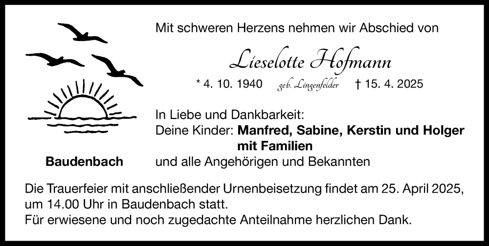 Traueranzeige für Lieselotte Hofmann vom 23.04.2025 aus Neustadt/ Scheinfeld/ Uffenheim