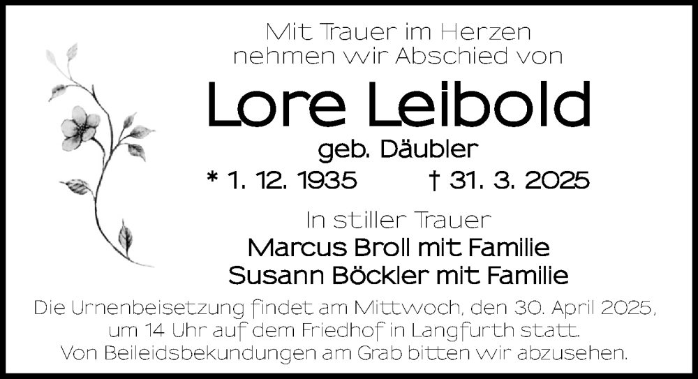  Traueranzeige für Lore Leibold vom 28.04.2025 aus Dinkelsbühl/ Feuchtwangen