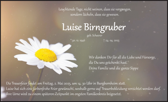 Traueranzeige von Luise Birngruber von Neustadt/ Scheinfeld/ Uffenheim