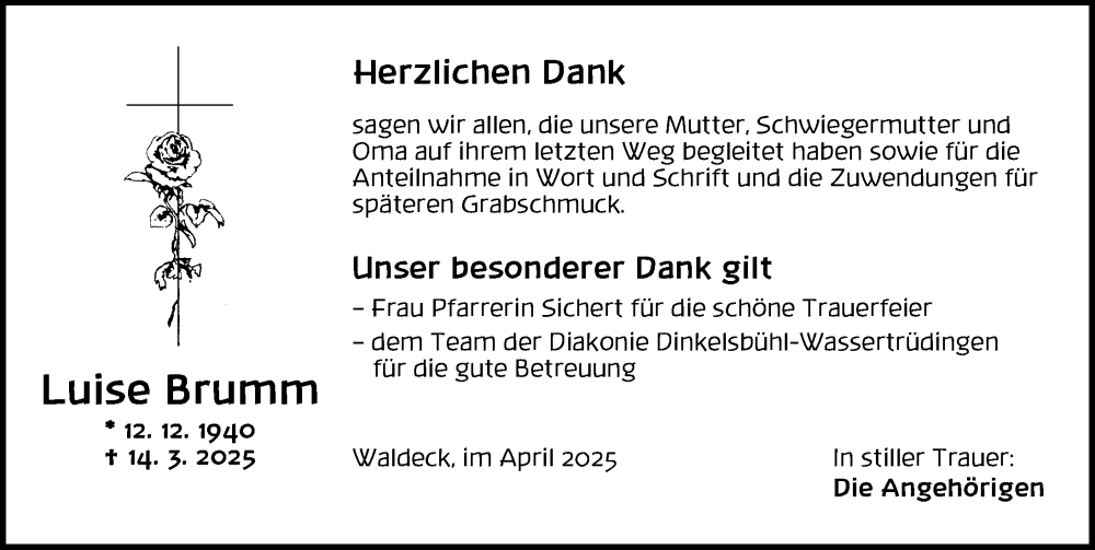  Traueranzeige für Luise Brumm vom 26.04.2025 aus Dinkelsbühl/ Feuchtwangen
