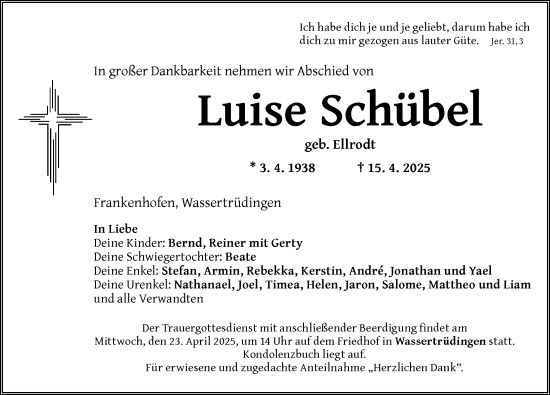 Traueranzeige von Luise Schübel von Dinkelsbühl/ Feuchtwangen