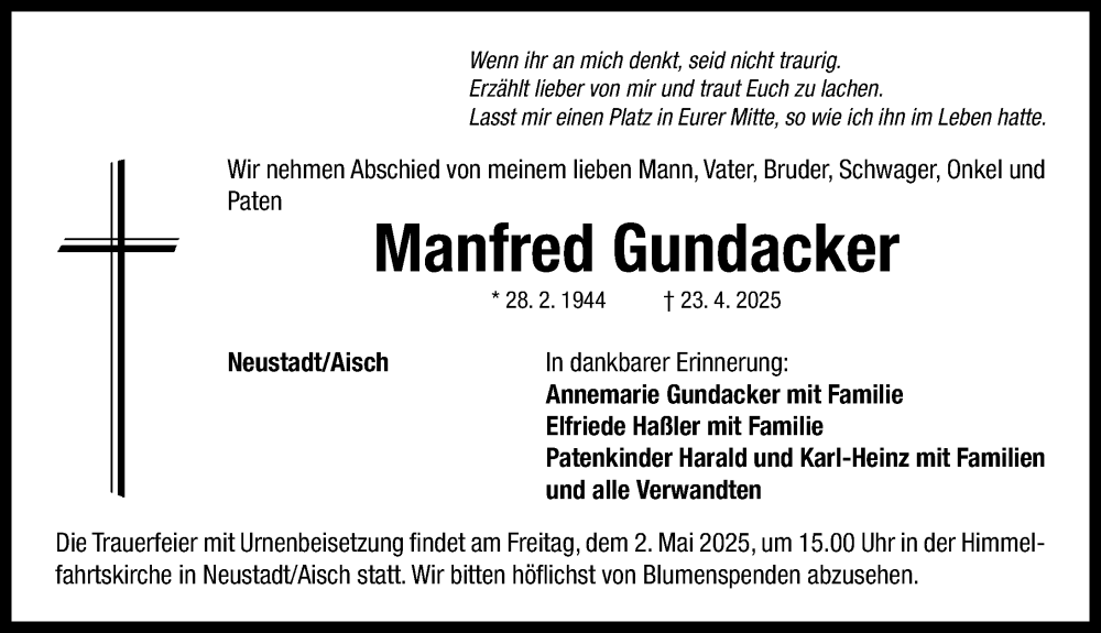  Traueranzeige für Manfred Gundacker vom 28.04.2025 aus Neustadt/ Scheinfeld/ Uffenheim
