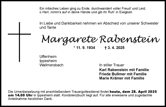 Traueranzeige von Margarete Rabenstein von Neustadt/ Scheinfeld/ Uffenheim