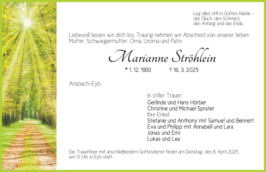 Traueranzeige von Marianne Ströhlein von Ansbach
