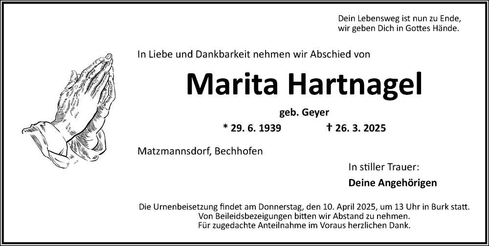  Traueranzeige für Marita Hartnagel vom 08.04.2025 aus Dinkelsbühl/ Feuchtwangen