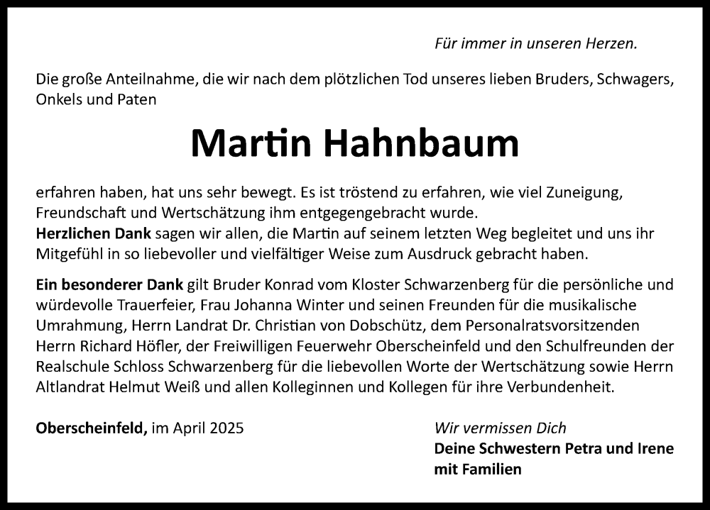  Traueranzeige für Martin Hahnbaum vom 26.04.2025 aus Neustadt/ Scheinfeld/ Uffenheim