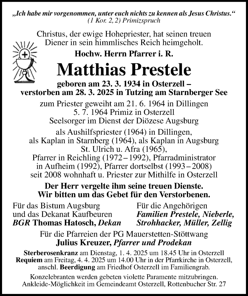  Traueranzeige für Matthias Prestele vom 01.04.2025 aus Dinkelsbühl/ Feuchtwangen