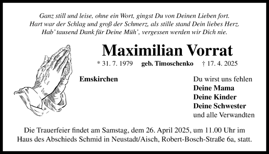 Traueranzeige von Maximilian Vorrat von Neustadt/ Scheinfeld/ Uffenheim