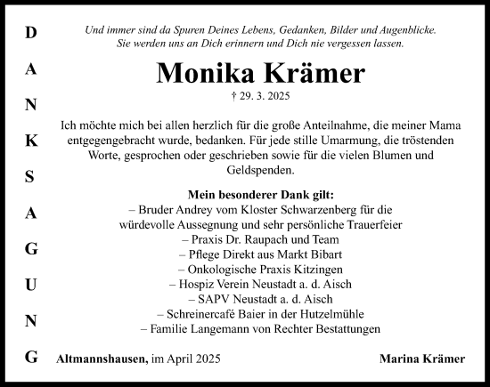 Traueranzeige von Monika Krämer von Neustadt/ Scheinfeld/ Uffenheim