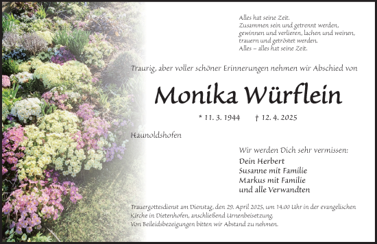 Traueranzeige von Monika Würflein von Ansbach