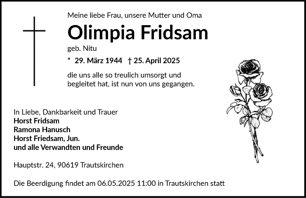  Traueranzeige für Olimpia Fridsam vom 30.04.2025 aus Neustadt/ Scheinfeld/ Uffenheim