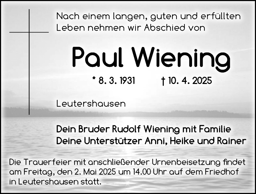  Traueranzeige für Paul Wiening vom 28.04.2025 aus Ansbach
