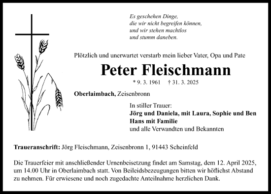 Traueranzeige von Peter Fleischmann von Neustadt/ Scheinfeld/ Uffenheim