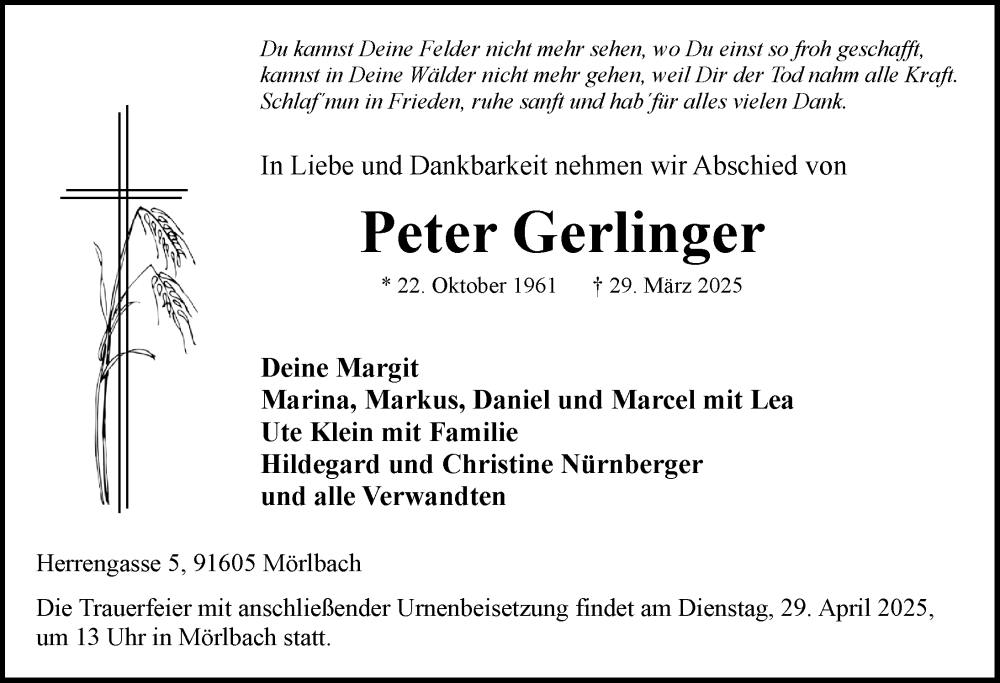  Traueranzeige für Peter Gerlinger vom 26.04.2025 aus Neustadt/ Scheinfeld/ Uffenheim
