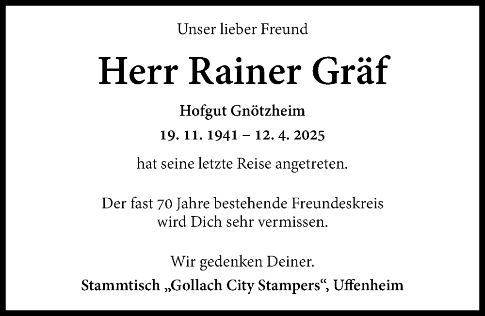  Traueranzeige für Rainer Gräf vom 19.04.2025 aus Neustadt/ Scheinfeld/ Uffenheim