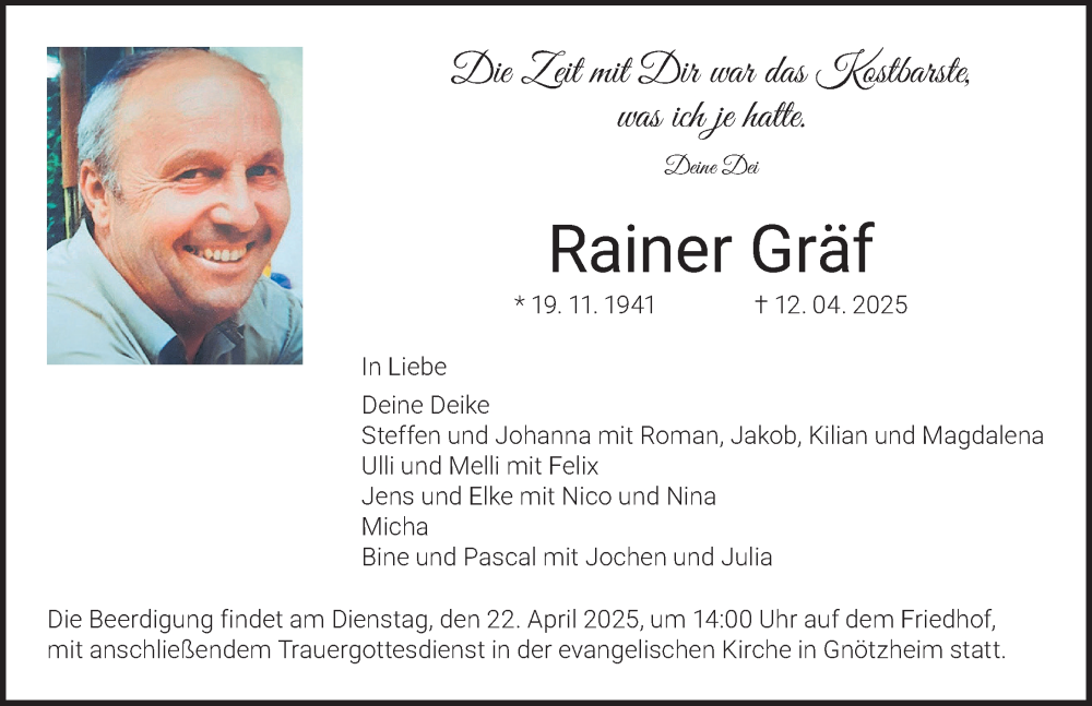  Traueranzeige für Rainer Gräf vom 19.04.2025 aus Neustadt/ Scheinfeld/ Uffenheim