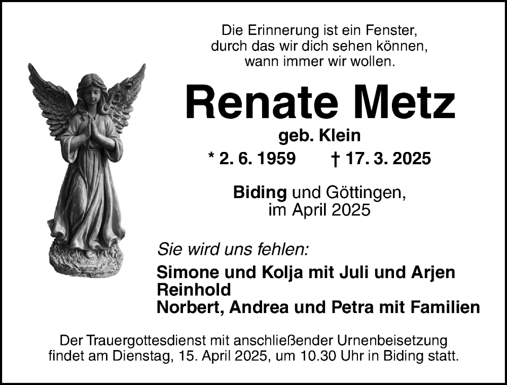  Traueranzeige für Renate Metz vom 11.04.2025 aus Dinkelsbühl/ Feuchtwangen