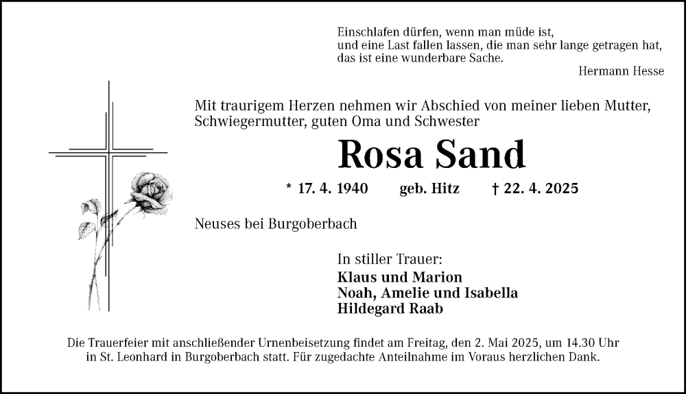  Traueranzeige für Rosa Sand vom 30.04.2025 aus Ansbach
