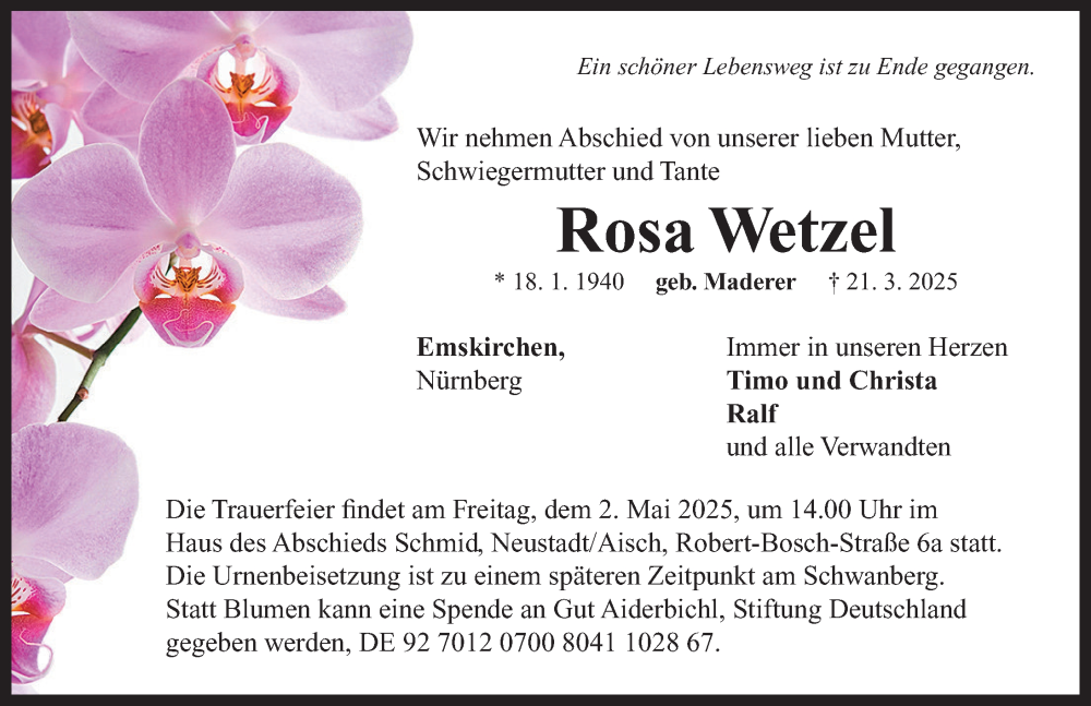  Traueranzeige für Rosa Wetzel vom 26.04.2025 aus Neustadt/ Scheinfeld/ Uffenheim