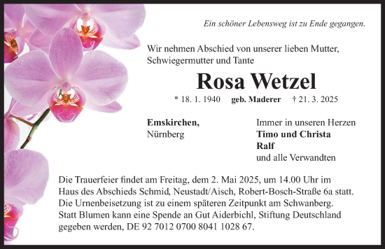 Traueranzeige von Rosa Wetzel von Neustadt/ Scheinfeld/ Uffenheim