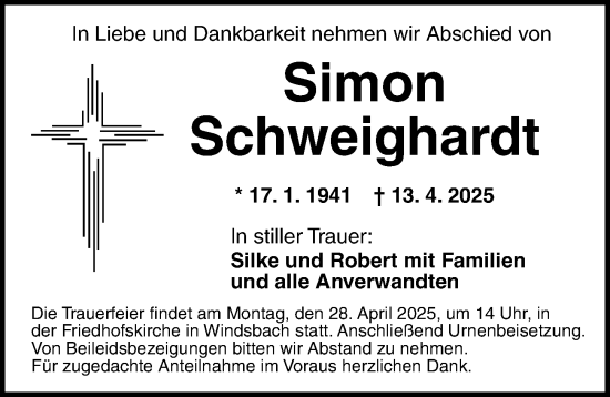Traueranzeige von Simon Schweighardt von Ansbach