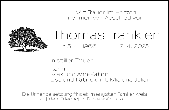 Traueranzeige von Thomas Tränkler von Dinkelsbühl/ Feuchtwangen