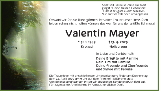 Traueranzeige von Valentin Mayer von Ansbach