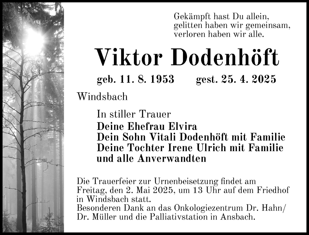  Traueranzeige für Viktor Dodenhöft vom 30.04.2025 aus Ansbach