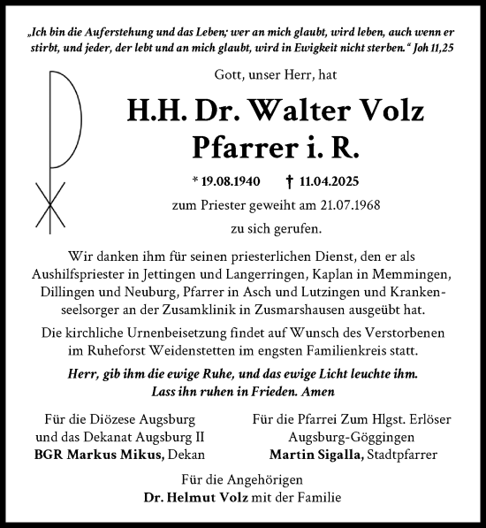 Traueranzeige von Walter Volz von Dinkelsbühl/ Feuchtwangen