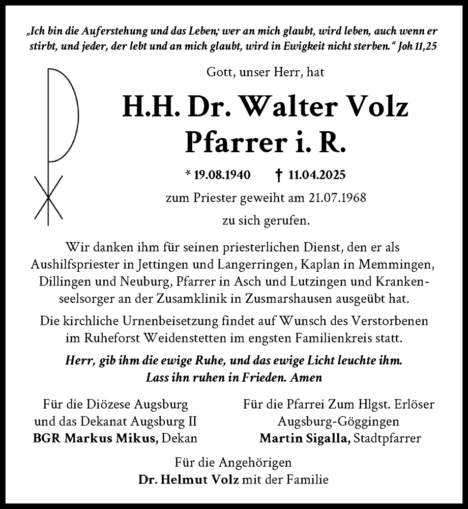  Traueranzeige für Walter Volz vom 23.04.2025 aus Dinkelsbühl/ Feuchtwangen