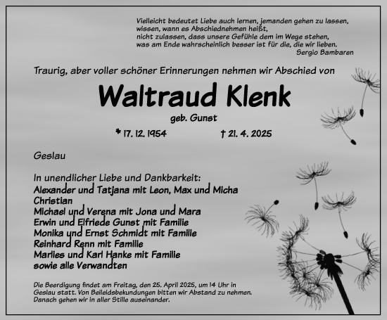 Traueranzeige von Waltraud Klenk von Rothenburg